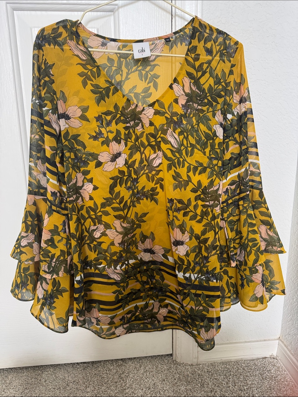 CAbi Mustard Floral V-Neck Tiered Bell Sleeve Blouse